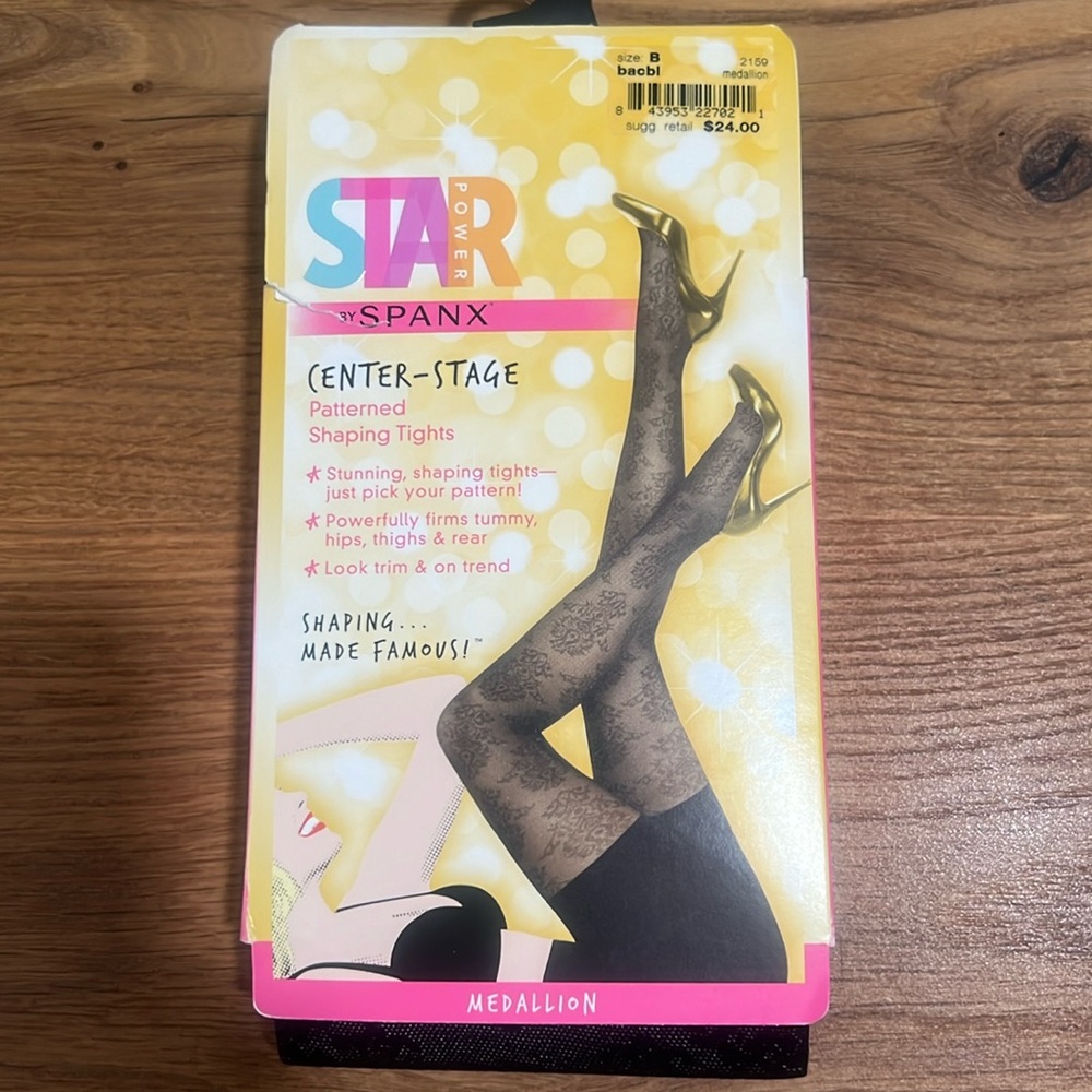 SPANX Star Power Center Stage Medallion Pattern Shaping Tights Black Size B NWT
